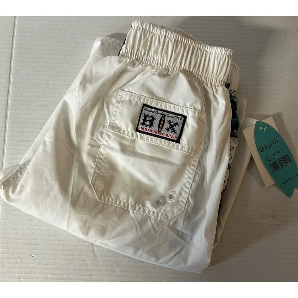 BASIX BODY SURF MEN'S BOARD SWIM SHORTS SIZE MEDIUM‎ WHITE/SERPENT NWT